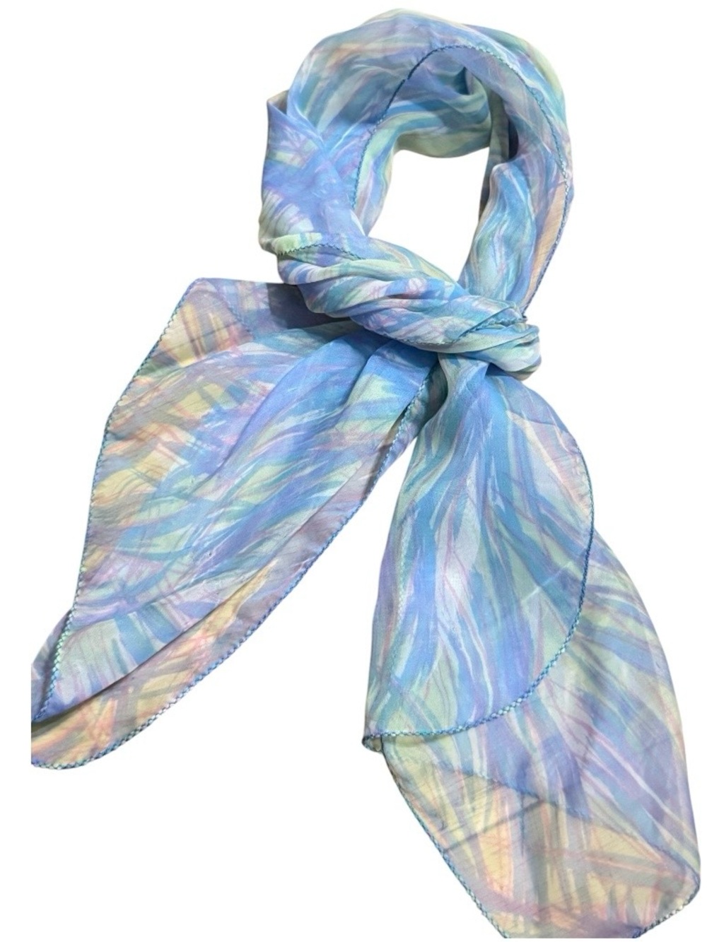 Vintage SheerLight Blue Pastel Patterned‎ Head or Neck Scarf, Oblong 37”